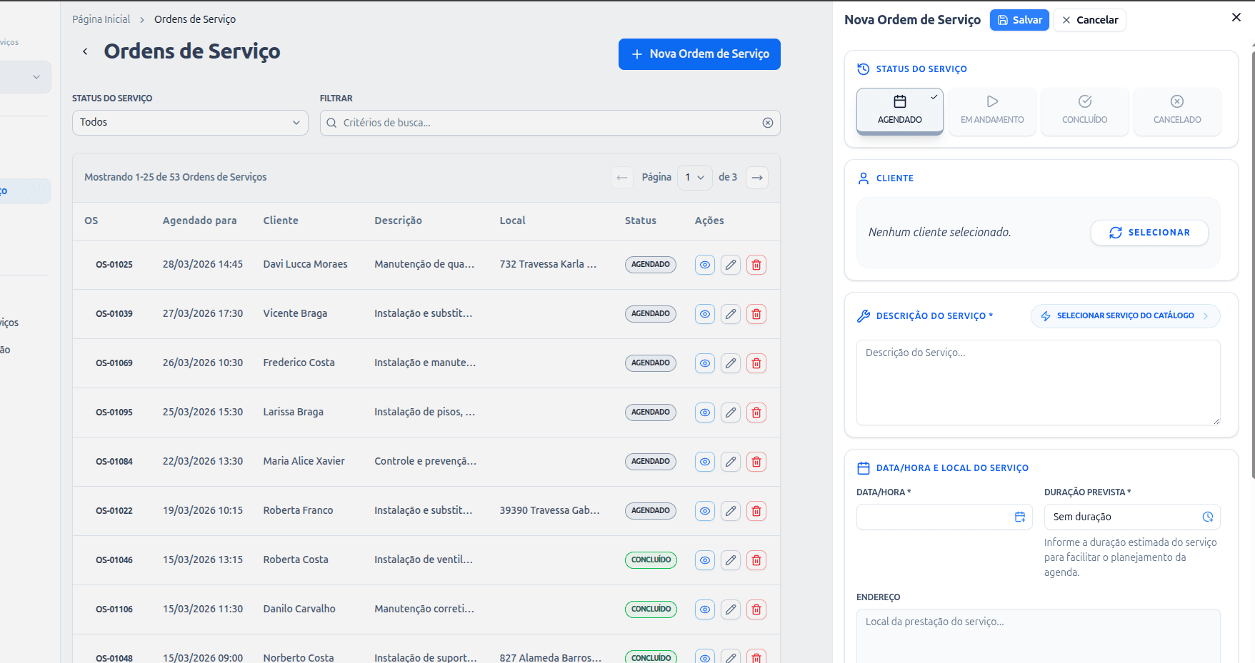 Lista de ordens de serviço